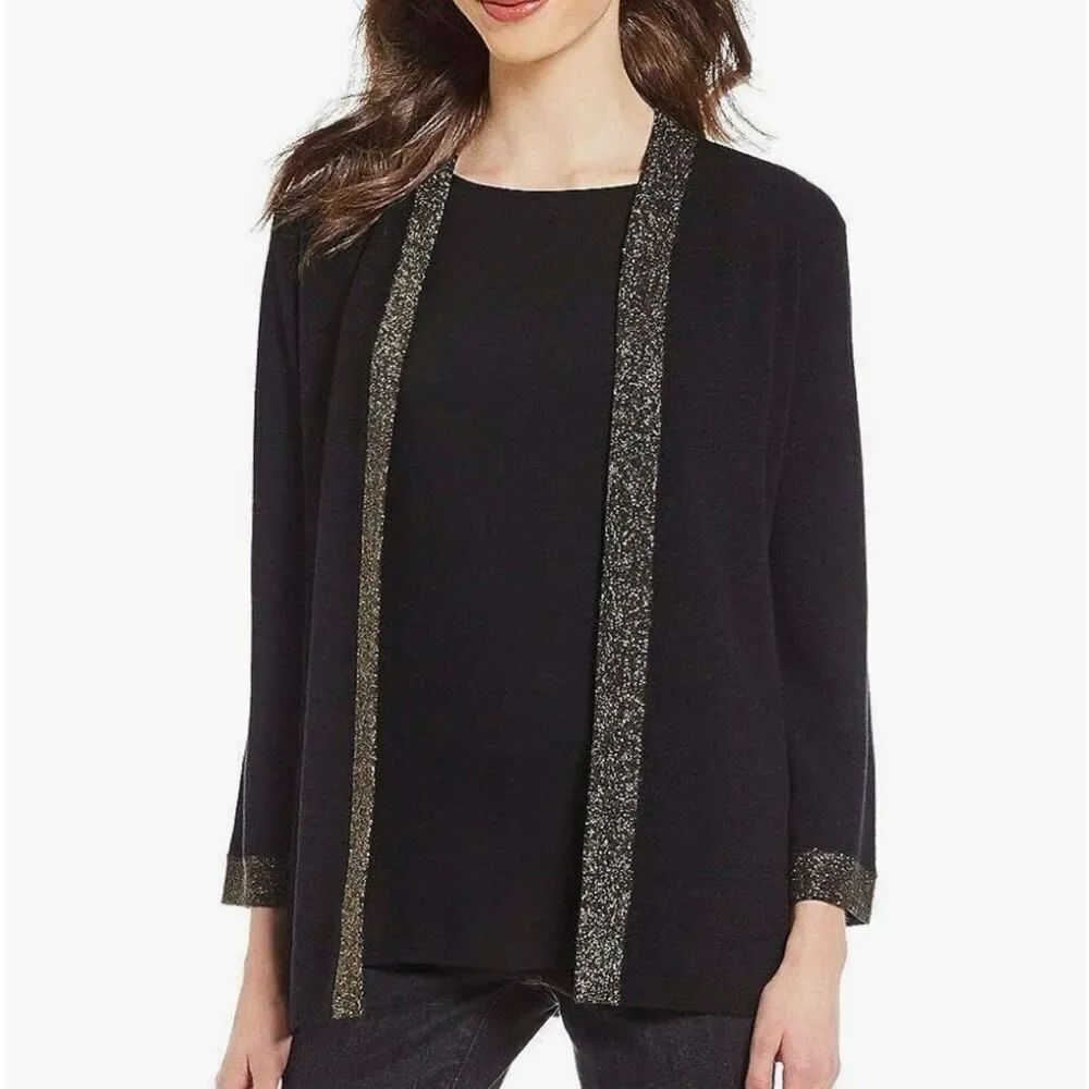Eileen Fisher Merino Wool Black Simple Cardigan open front size M